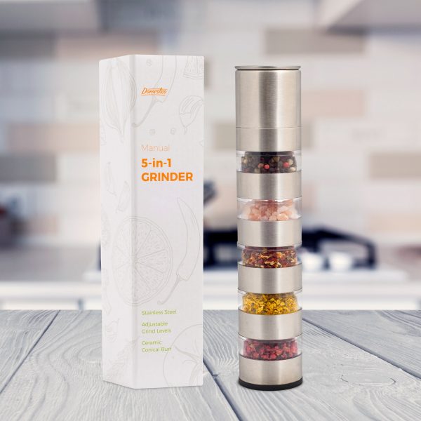 Mlynek-5v1_vizual1Box Râșniță manuală pentru sare și piper sau condimente 5in1, DOMESTICO - imagine 2