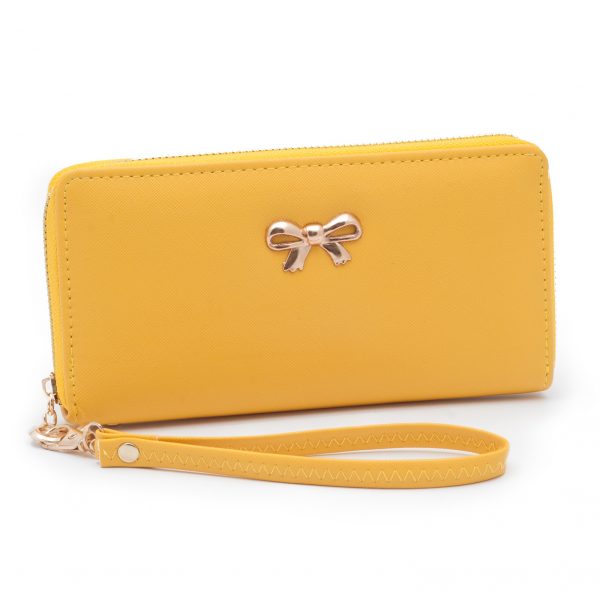 1k1Dámská-peněženka-na-zip-s-řemínkem-na-zápěstí-a-zlatou-mašličkou,-eko-kůže,-okrová Portofel portocaliu pentru femei cu curea de mână și fundiță aurie, piele ecologică - imagine 1
