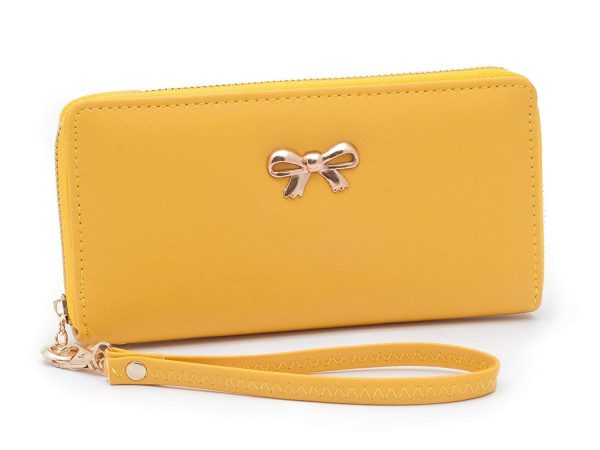 peněženka na zip s řemínkem na zápěstí a zlatou mašličkou_zluta01 Portofel portocaliu pentru femei cu curea de mână și fundiță aurie, piele ecologică - imagine 3
