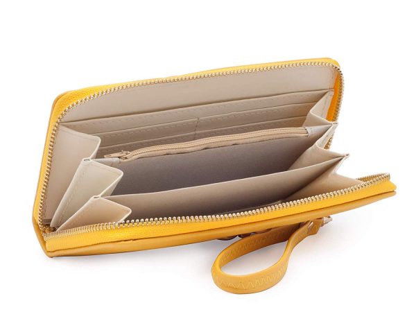peněženka na zip s řemínkem na zápěstí a zlatou mašličkou_zluta02 Portofel portocaliu pentru femei cu curea de mână și fundiță aurie, piele ecologică - imagine 4