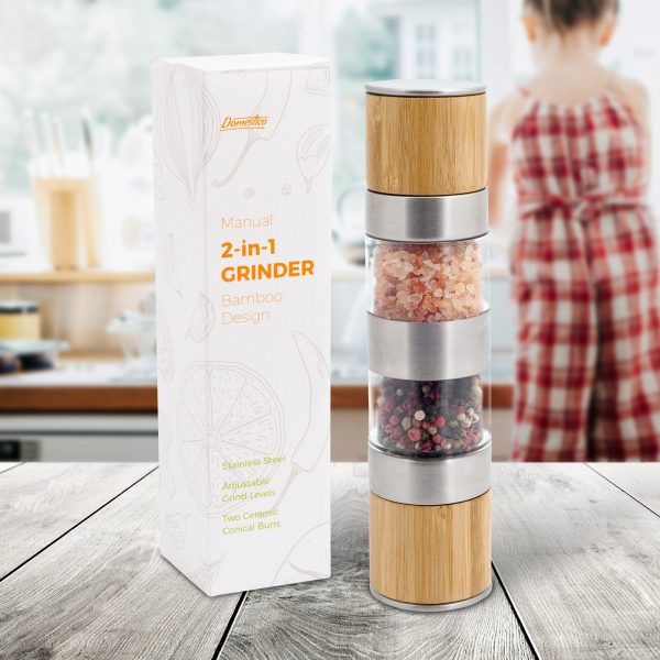 Râșniță manuală Duette pentru sare și piper sau condimente 2in1, DOMESTICO - Design de Bambus - imagine 2