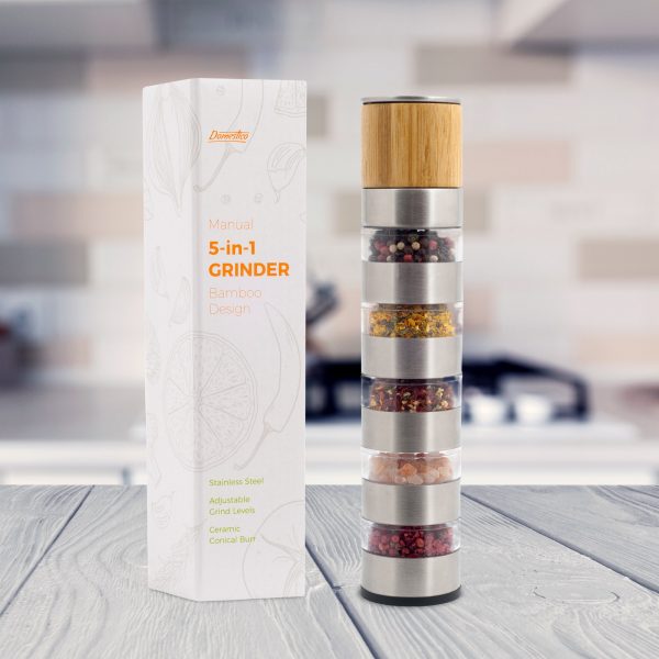 Râșniță manuală pentru sare și piper sau condimente 5in1, DOMESTICO - Design de Bambus - imagine 2