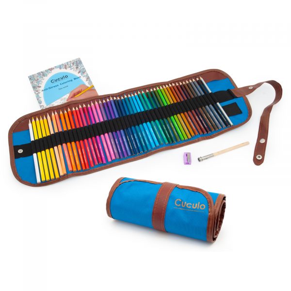 Creioane colorate Cuculo într-o carcasă care se rulează (albastră), cu ascuțitoare și extensie, 48 bucăți, cărți de colorat anti-stres GRATUIT - imagine 1