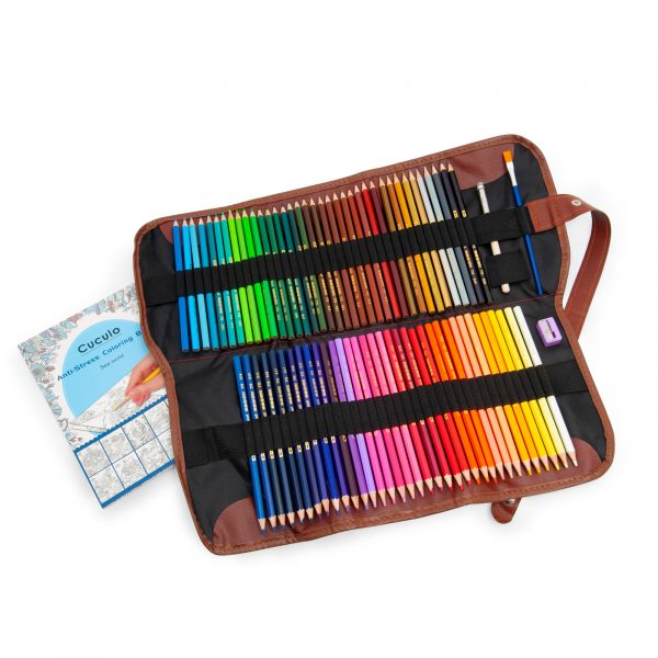 Creioane de acuarelă Cuculo, într-o carcasă neagră care se rulează, cu ascuțitoare, pensulă și extensie pentru a le lungi, 72 de bucăți, cărți de colorat anti-stres GRATUIT - imagine 2